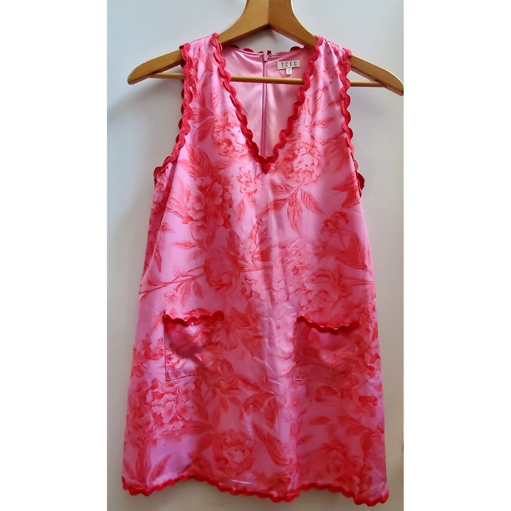 TCEC Dress M Sheath Hamptons M Violet & Red Floral Bric A Brac Trim Pockets Zip - Picture 2 of 10